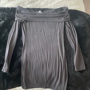 Garage Off-Shoulder Long Sleeve Mini Dress in Charcoal Gray